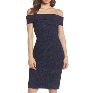 NEW Eliza J Women’s Off The Shoulder Sheath Dress Metallic Navy Blue 6
